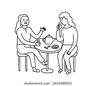 Young women friends drinking hot coffee and talking, doodle line. Breakfast in cafe. Hand drawn style vector illustration