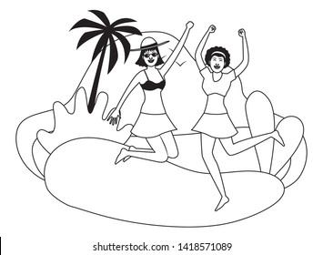 Young women friends enjoying summer and jumping in swimsuit in the beach scenery vector illustration graphic design