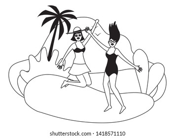 Young women friends enjoying summer and jumping in swimsuit in the beach scenery vector illustration graphic design