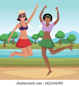 Young women friends enjoying summer and jumping in swimsuit in nature park with river vector illustration graphic design