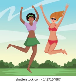 Young women friends enjoying summer and jumping in swimsuit in the beach scenery on nature outdoors scenery vector illustration graphic design