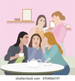 Young women friends gossip, concept female friendship and meeting. Vector friends in cafe and coffee lunch, drink and chat meeting, girls hang out illustration