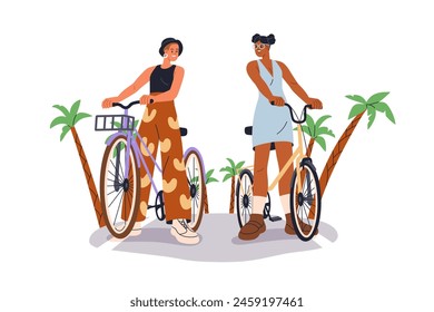 Young women friends riding bicycles together. Happy girls couple on active tropical holiday, cycling on bikes, talking. Girlfriends travel. Flat vector illustration isolated on white background