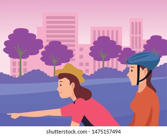 young women friends riding on bike and electric scooter in the city urban scenery background ,vector illustration graphic design.