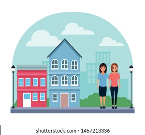 YOUNG women friends smiling with casual clothes cartoon in city neighborhood scenery with houses vector illustration graphic design.