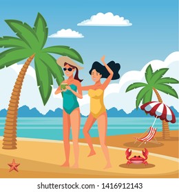 Young women friends in summer with swimsuits drinking cocktail in beach at sunny day scenery vector illustration