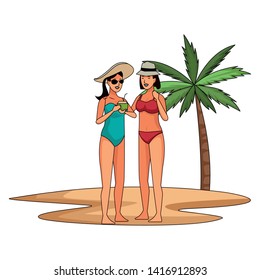 Young women friends in summer with swimsuits drinking cocktail on beach scenery vector illustration graphic design