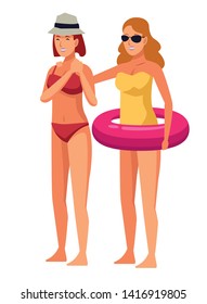 Young women friends in summer with swimsuits with sunglasses and float