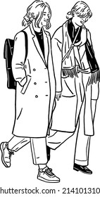 Young Women friends walking. People lifestyle Hand drawn Line art illustration