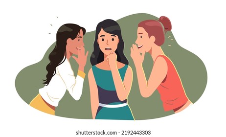 Young women friends whispering sharing secrets with surprised girl. Persons chatting, gossiping, discussing rumors together covering mouth. Friendship, communication privacy flat vector illustration