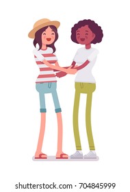 Young women friendship hug. Working with therapist, friendly and helpful social connection. Human interaction concept. Vector flat style cartoon illustration, isolated, white background