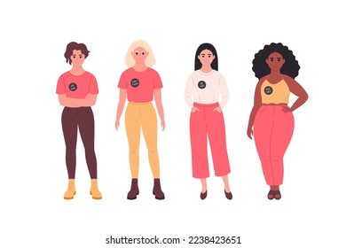 Young women with gender pronouns pin. She, he, they, non-binary. Gender-neutral movement. LGBTQ community. Hand drawn vector illustration