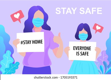 Young women and girl, wearing face mask holding poster requesting other people avoid and prevent Coronavirus pandemic and Covid-19 spreading by staying at home, Stay at home concept.