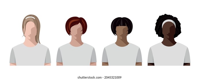 Young women, girls of different races, skin colors and hair in white T-shirts. Avatars portraits, isolated vector illustration in a flat style