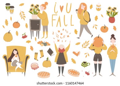 Young women or girls dressed in cozy clothes. Autumn sticker collection. Set of cute autumn cartoon illustrations. Fall season. Collection of scrapbook elements for party, fall