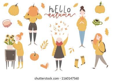 Young women or girls dressed in cozy clothes. Autumn sticker collection. Set of cute autumn cartoon illustrations. Collection of scrapbook elements