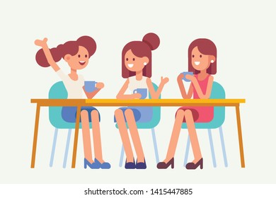 Young  women and girls, friends sitting and  drinking coffee in cafe and having fun. Flat style vector characters.