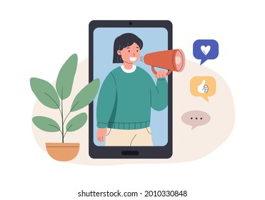 young women giving announcement on social media, and get feedback from followers. used for landing page illustration, website image and other