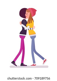 Young women giving a hug. Stay socially active, managing stress together. Youth community and volunteer team concept. Vector flat style cartoon illustration, isolated, white background