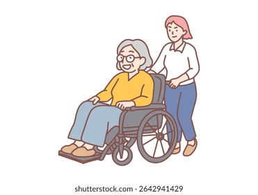 Young women going and riding positive mature woman on wheelchair disabled person outdoors on day. Taking care of disabled elderly people concept. Hand drawn style vector design illustrations.