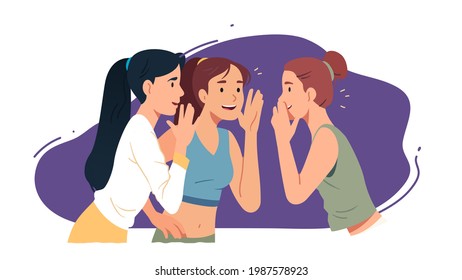 Mujeres jóvenes chismean, hablan, susurran excitadas. Amigos compartiendo secretos. Chica hablando sobre la boca, chismorreo, discutiendo rumores juntos. Ilustración de vector plano de privacidad de la comunicación