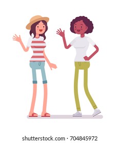 Young women greeting and waving. People making connections exchanging small talk, psychological welfare. Human interaction concept. Vector flat style cartoon illustration, isolated, white background