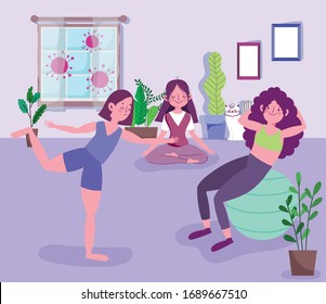 Young Women Group Practicing Yoga.  Stretching And Ball Activity Sport.  Exercise At Home Vector Illustration Covid 19 Pandemic