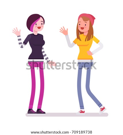 Young women hand waving. Motivate and entertain with friends. Youth community and volunteer team concept. Vector flat style cartoon illustration, isolated, white background