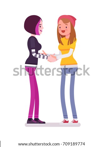 Young women handshaking. Arranging visits and outings, positive social support. Youth community and volunteer team concept. Vector flat style cartoon illustration, isolated, white background