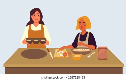 Young women or happy couple prepare dessert in the kitchen together, vector flat illustration. People spend a family evening cooking.  