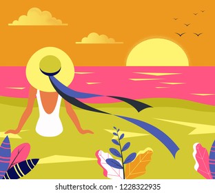 Young women in a hat looks at the sunset on the beach. View from the back. Vector flat illustration