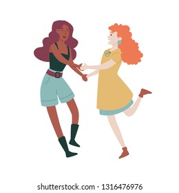 Young women having fun together holding hands.