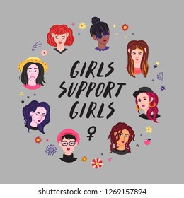 Young women heads and ink lettering (pastel colors) illustration. Naive style vector. Girls support girls.