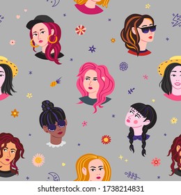 Young women heads vector seamless pattern (pastel colors). Naive style vector. Part two.