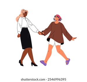 Young women hold hands, have fun. Friends feminists rejoice together. Happy diverse girls support feminism. Concept of friendship, international sisterhood. Flat isolated vector illustration on white