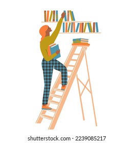 Young women holding books standing on the ladder near the bookshelf illustration in vector. People reading books collection of designs.