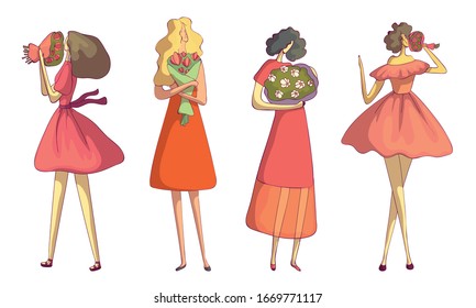 Young Women Holding Bouquets of Flowers Vector Set