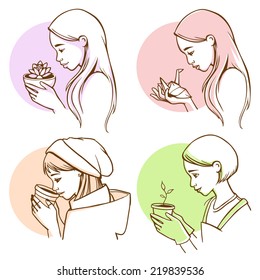 Young Women Holding Different Objects in Hands  -  lotus flower, paper crane, coffee to go, pot with plant
