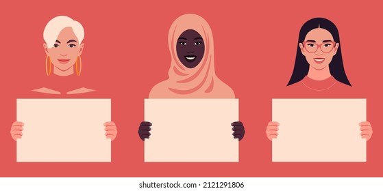 Young women are holding empty posters in their hands. Feminism and women's rights. Diversity. Portrait of a protesting students on a red background. Vector illustration in a flat style