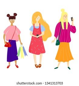 Young women holding smartphones and texting, talking, listening to music, taking selfie. Group of female cartoon characters with mobile phones and pockets. Flat vector illustration