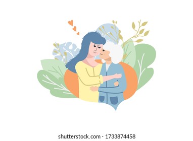 young women hug their old mother with love and affection, love of mother and child as a family, the concept of mother's day media, surrounded by flowers with flat illustration style. vector