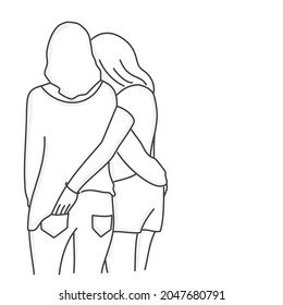 Young women hugging each other. Love concept. Hand drawn vector illustration. Black and white.