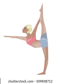  Young women instructor doing stretching exercises. Isolated vector yoga illustration. Blonde girl yogun performs yoga pose