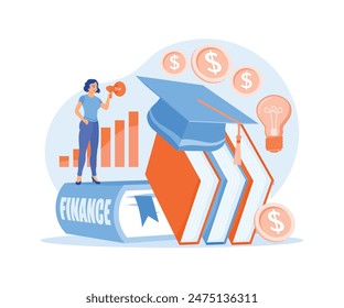 Young women are invited to invest money. Manage personal finances. Financial education concept. Flat vector illustration.