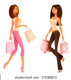 young women in jeans or capri pants, smiling and holding shopping bags. Lifestyle illustration. Isolated on white.