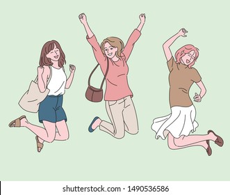 Las mujeres jóvenes saltan con expresiones alegres. ilustraciones de diseño vectorial de estilo dibujado a mano. 