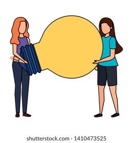 young women lifting bulb light characters