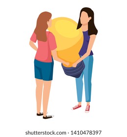 young women lifting bulb light