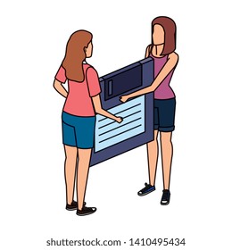 young women lifting floppy disk data storage