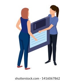 young women lifting floppy disk data storage